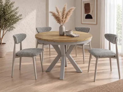 Produktbild von Runder Ausziehbarer Esstisch im Loft-Stil - Industrieller Tisch mit Grau-Beige Kaschmir Metallbeinen - Platzsparender Tisch für Wohnzimmer - Lancelot Eiche - 100 bis 180 cm