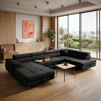 Produktbild von MUFFO Ecksofa U-Form WILD U Rechts mit Schlaffunktion 130x260 Chenille Schwarz