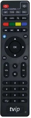 A black TV remote control with various buttons and labels.