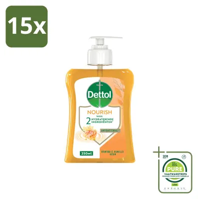 Imagen del producto de 15 unidades de jabón líquido para manos Dettol Nourish, aroma miel y vainilla, 250 ml, pack grande
