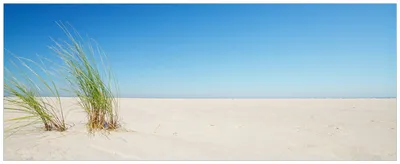 Produktbild von Wallario Wandbild aus Acryl, 200 x 80 cm, freischwebende Optik - Sandstrand unter blauem Himmel