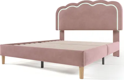 Produktbild von Polsterbett 140x200cm Doppelbett (ohne Matratze) Rosa Jugendbett Gästebett Mit LED Mit Lattenrost und Verstellbares Kopfteil Leinenmaterial
