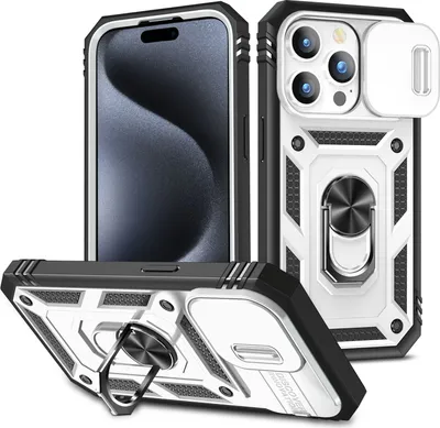 Image de Coque pour iPhone 15 Pro avec protection coulissante de l'appareil photo, résistante aux chocs, avec porte-anneau, support et porte-cartes Blanc