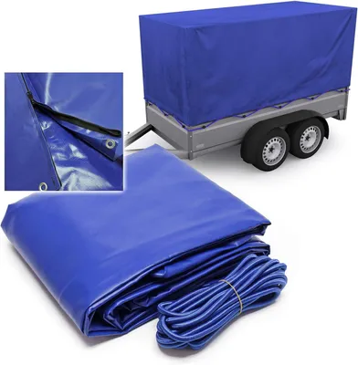 Image de Bâche bleue pour remorque, dimensions 207,5 x 114 x 90 cm, en polyester 1000D, avec deux fermetures éclair et sangles de fixation