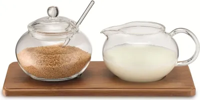 Produktbild von Weis Zucker Sahne Set aus Glas mit Bambustablett 14580