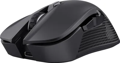 A black wireless mouse is shown from a side angle against a white background.