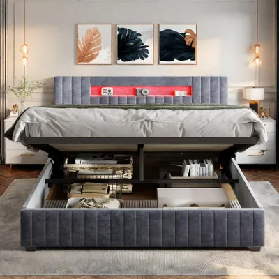 Immagine prodotto di Letto imbottito Fortuna Lai, idraulico 140x200 cm, LED e rete, letto contenitore, velluto, grigio