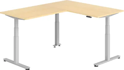 Produktbild von bümö Eckschreibtisch elektrisch höhenverstellbar L-Form - Nachbildung Ahorn, Gestell: Silber, Größe: Eckschreibtisch 160 x 200 cm