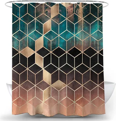 Obrázek produktu pro Sprchový závěs 180 x 180 cm, šedý mramorový vzor, geometrický design, odolný proti plísním, voděodolný, z polyesterové tkaniny, pratelný, včetně 12 kroužků na sprchový závěs