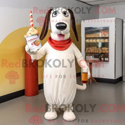 Produktbild von Maskottchen-Charakter REDBROKOLY eines weißen Hot Dogs gekleidet in ein Cocktailkleid und Clutch-Taschen