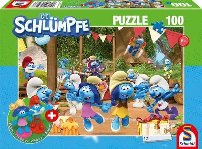 Produktbild von Verschlumpfte Party, 100 Teile, mit Add-on (2 Figuren)