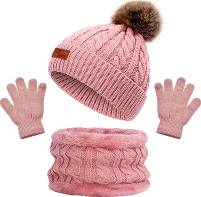 Image de Bonnet d'hiver ASKSA Enfants Echarpe Gants Filles Set Bonnet Tricoté Bébé 1-4 ans, Rose