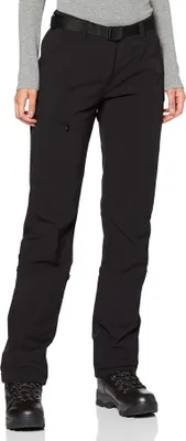 A person wearing black hiking pants and boots, standing against a white background.