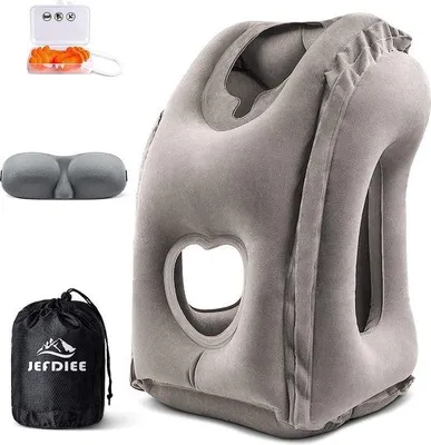 Imagen del producto de Almohada inflable de viaje Unyqoos®: cojín ergonómico para el cuello (45°), con soporte para la cabeza y la barbilla, incluye antifaz 3D y tapones para los oídos, ideal para avión, coche o tren