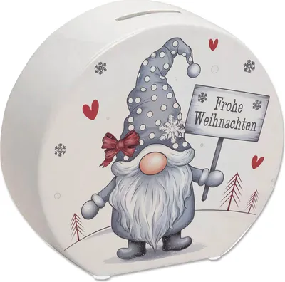 Produktbild von niedlicher Weihnachtswichtel mit Schild Spardose - Frohe Weihnachten
