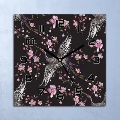 Produktbild von Wanduhr Echt-Glas-Küchenuhr Kraniche und Blumen Quarz 30x30 Deko Bilder