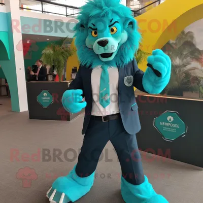 Produktbild von Türkisfarbener REDBROKOLY Löwe Maskottchen Kostüm gekleidet mit einer Anzugjacke und Gürteln