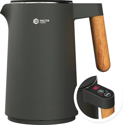 Produktbild von BALTER Edelstahl Wasserkocher mit Temperatureinstellung, 45°C-100°C, Doppelwand, BPA frei, Warmhaltefunktion, 1.5L, 2200W, Grau