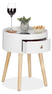 Immagine prodotto di Tavolino rotondo con cassetto e gambe in legno, in stile scandinavo