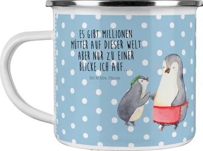 Produktbild von Mr. & Mrs. Panda Emaille Becher Pinguin mit Kind - Blau Pastell - Geschenk, Pott, Muttertag, Tasse, Mutter, Vorbild Mama, Familie, Haferl, Teetasse, emaillebecher