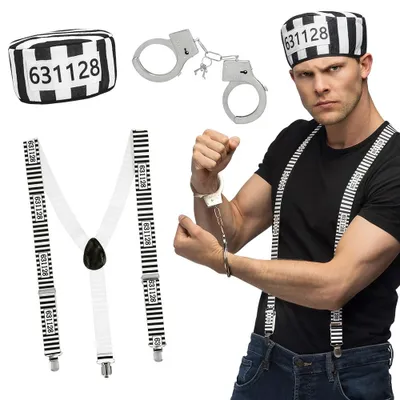 Image de Costume de prisonnier (menottes, bretelles et casquette)