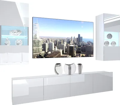 Produktbild von BELINI Wohnwand Vollausstattung Wohnzimmer-Set Moderne Schrankwand mit LED-Beleuchtung Weiß Glänzend Anbauwand TV-Schrank Weiß Glänzend