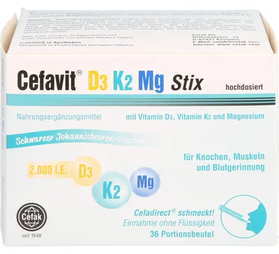 Zdjęcie produktu dla Cefavit D3 K2 Mg 2000 I.E. Stix dla kości i mięśni o smaku czarnej porzeczki, 36 szt. w torebce