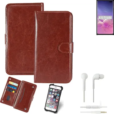 Produktbild von K-S-Trade 360° Hülle kompatibel mit Samsung Galaxy S10+ (DUOS) inkl. Headphones braun Kunstleder Case BookCase WalletCase Kunstlederederhülle