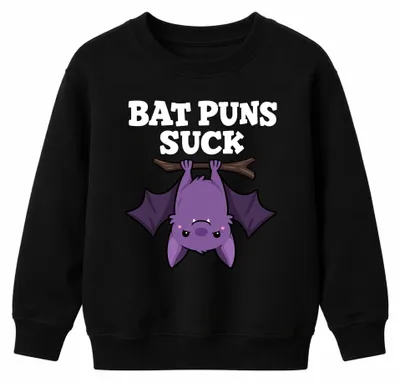 Productafbeelding van Vleermuis-grappen zijn niks. Schattige vleermuis, vampier, chagrijnig, goth. Kinder sweatshirt, trui, zwart, maat 140