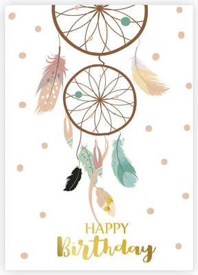 Produktbild von 4x Boho Stil Geburtstagskarte mit Federn und Traumfänger: Happy Birthday