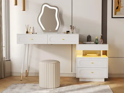 Obrázok produktu pre Toaletný stolík Sweiko s LED zrkadlom a osvetlením - biely toaletný stolík do spálne so 4 priestrannými zásuvkami a 1 otvoreným úložným priestorom - biely, rozmery: B140/T40/H130 cm (bez stoličky)