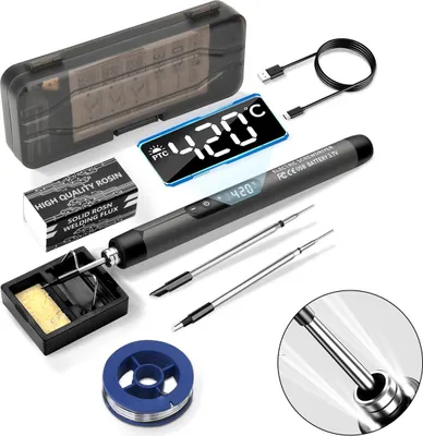 Produktbild von Akku Lötkolben Set, 5 Gänge Temperatur Einstellbare 260 ℃-420 ℃, 3 Lötspitzen, Lötdraht, Lötpaste, lötkolben akku für Reparatur des Schweißens