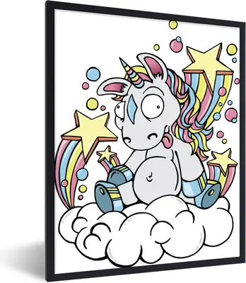 Produktbild von MuchoWow® Gerahmtes Poster Eine Illustration eines weißen Einhorns auf einer Wolke - Mädchen - Kinder - Kinder 60x80 cm - Poster mit Schwarzem Bilderrahmen Wandposter Rahmen Foto Bilder - Premium - Wanddeko Wohnzimmer