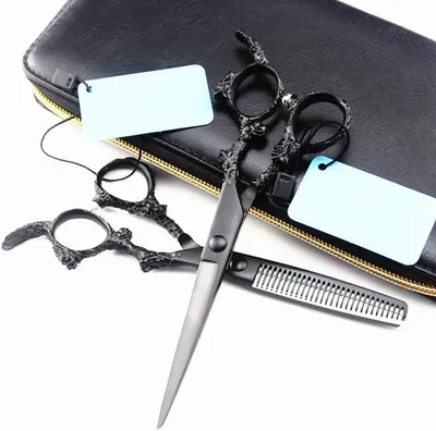 Produktbild von Professionelle Haarschneideschere aus japanischem 440c-Stahl, 6 Zoll, mit schwarzem Drachengriff, Effilierschere und Friseurscheren-Set