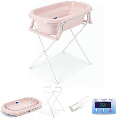 Produktbild von Faltbare Babybadewanne mit Ständer 4 Set - Babywanne, Gestell, Thermometer, Abflussschlauch - Baby Wanne klappbare mit klappbaren Ständer