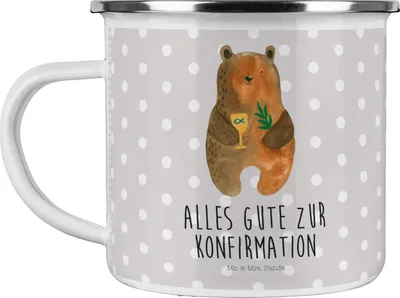 Produktbild von Mr. & Mrs. Panda becher emaille Bär Konfirmation - Grau Pastell - Geschenk, Teddy, Evangelisch, Kirche, Tasse, Teetasse, Gottesdienst, Pott, Blechtasse