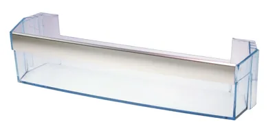 A clear plastic refrigerator shelf with a silver trim, isolated on a white background.