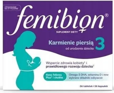 The image shows the packaging of Femibion 3, a dietary supplement for breastfeeding mothers.