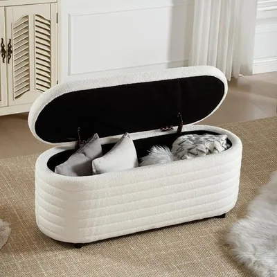 Produktbild von Sitzbank mit Stauraum, Moderne Sitztruhe aus Teddystoff Polsterbank als Bettbank mit Stauraum, Aufbewahrungsbox für Schlafzimmer, Flur, Wohnzimmer, Weiß
