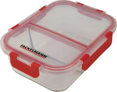 Image de Boîte de conservation Fackelmann avec séparateur 1050 ml, boîte de conservation haut de gamme, boîte de rangement ronde, boîte en verre avec couvercle, boîte à sandwich durable avec fermeture à 4 clics (couleur : transparent / rouge)