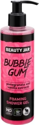 Beauty Jar Bubble Gum Schaumdusche in einer klaren rosa Flasche mit schwarzem Pumpspender