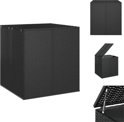 A black rattan storage box with its lid open, shown from a slightly elevated angle.