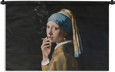Produktbild von MuchoWow® Wandteppich Wandbehang Das Mädchen mit dem Perlenohrring - Vermeer - Zigaretten 150x100 cm Tapisserie Dekoration Wandtuch - Waschbar - Tapisserien - Wand-Decke