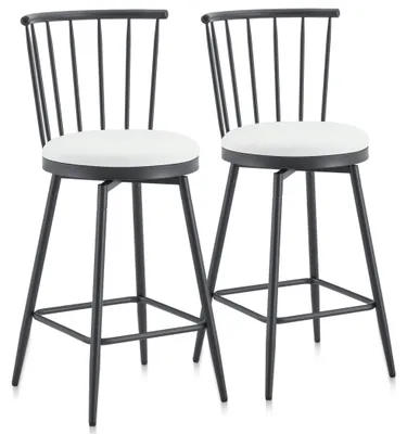 Productafbeelding van Set van twee draaibare barkrukken met Windsor-rugleuning, bekleed met kunstleer, een zithoogte van 66 cm en een metalen voetsteun. De zitting is wit, het frame is zwart