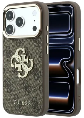 Image de Coque de téléphone Guess 4G, logo strass 4G, modèle Classic 4G, pour iPhone 18 Pro Max / 17 Pro Max, couleur marron
