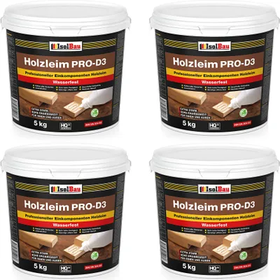 Produktbild von Isolbau Holzleim PRO-D3 - 4 x 5 kg Eimer Extra starker Holzkleber für alle Holzarten, für Innen & Außen, Wasserfest, Lösemittelfrei