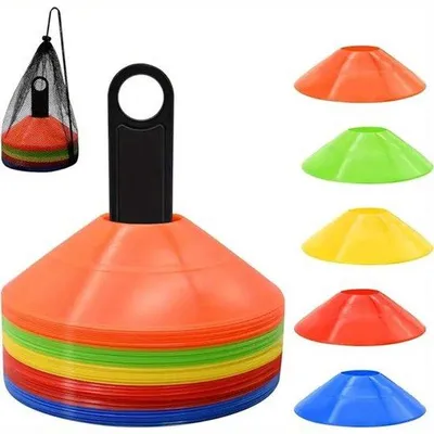 Productafbeelding van 50 kegels, behendigheidsmarkeringen voor voetbal, met draagtas en standaard, voetbal, basketbal, trainingsmateriaal voor coaches, verkrijgbaar in 5 kleuren