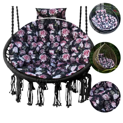 Produktbild von Hängesessel Kissen, Polster für Polyrattan / Rattan Hängeschaukel, Rund Hängekorb kissen, Rückenkissen – XXL 110  cm – schwarz mit Rosen