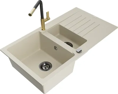 Produktbild von Mexen Matias 1,5-Becken-Granitspüle mit Abtropffläche und Mischbatterie Flora, Beige - 6502-69-670401-57-B