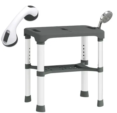 Imagen del producto de HOMCOM: Taburete de ducha de aluminio con estante integrado, altura ajustable en 5 niveles, capacidad de carga de 150 kg, color gris